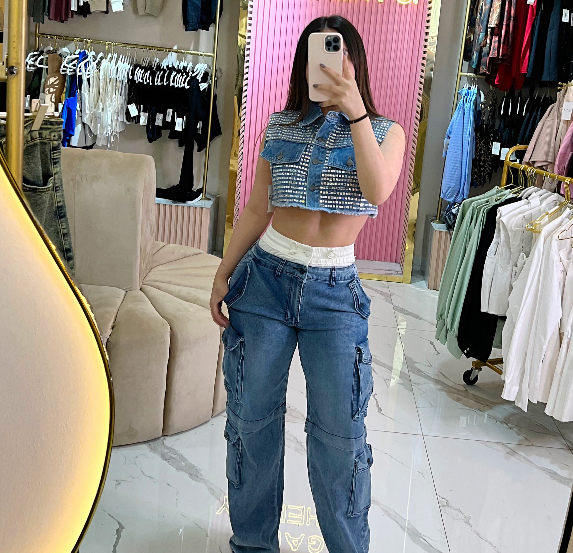 DENIM CROP CRISTALES