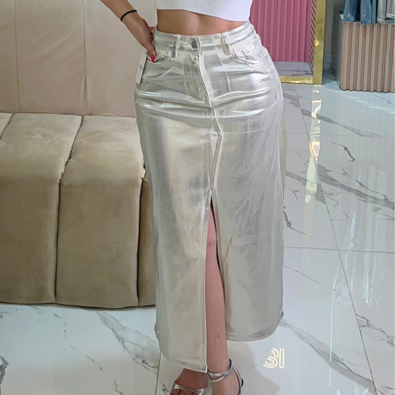 FALDA DENIM METÁLICA
